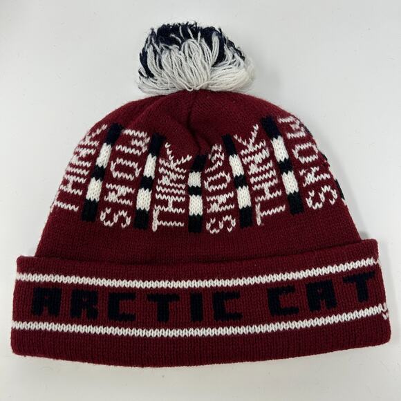Vintage Arctic Cat Snowmobiles Cuffed Pom Pom Beanie Toque Winter Hat Red - Picture 3 of 7